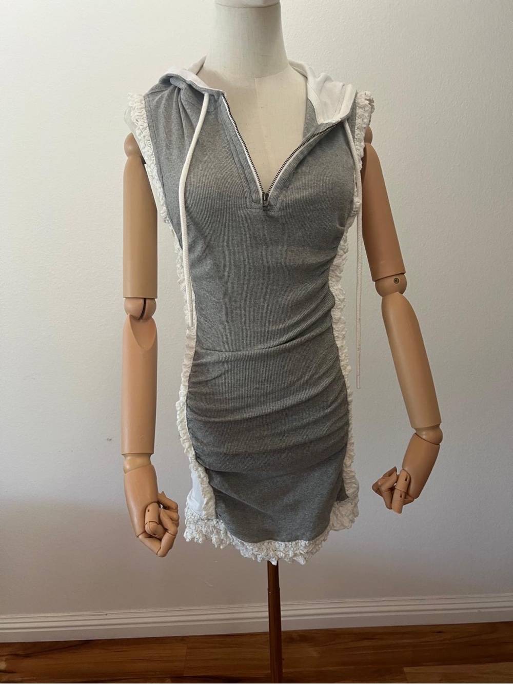 Anthropologie Gray Sleeveless Hooded Ruched Mini Dress with White Lace Trim